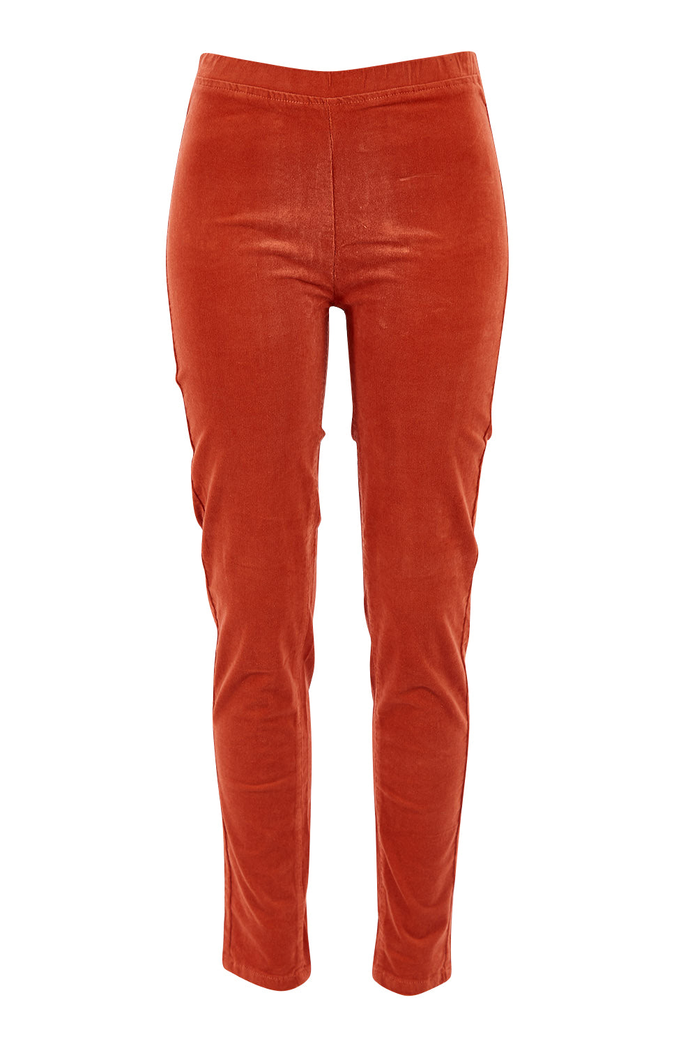 Product shot of the Skinny Leg Cord Pull On Pant in colour Auburn, from the front