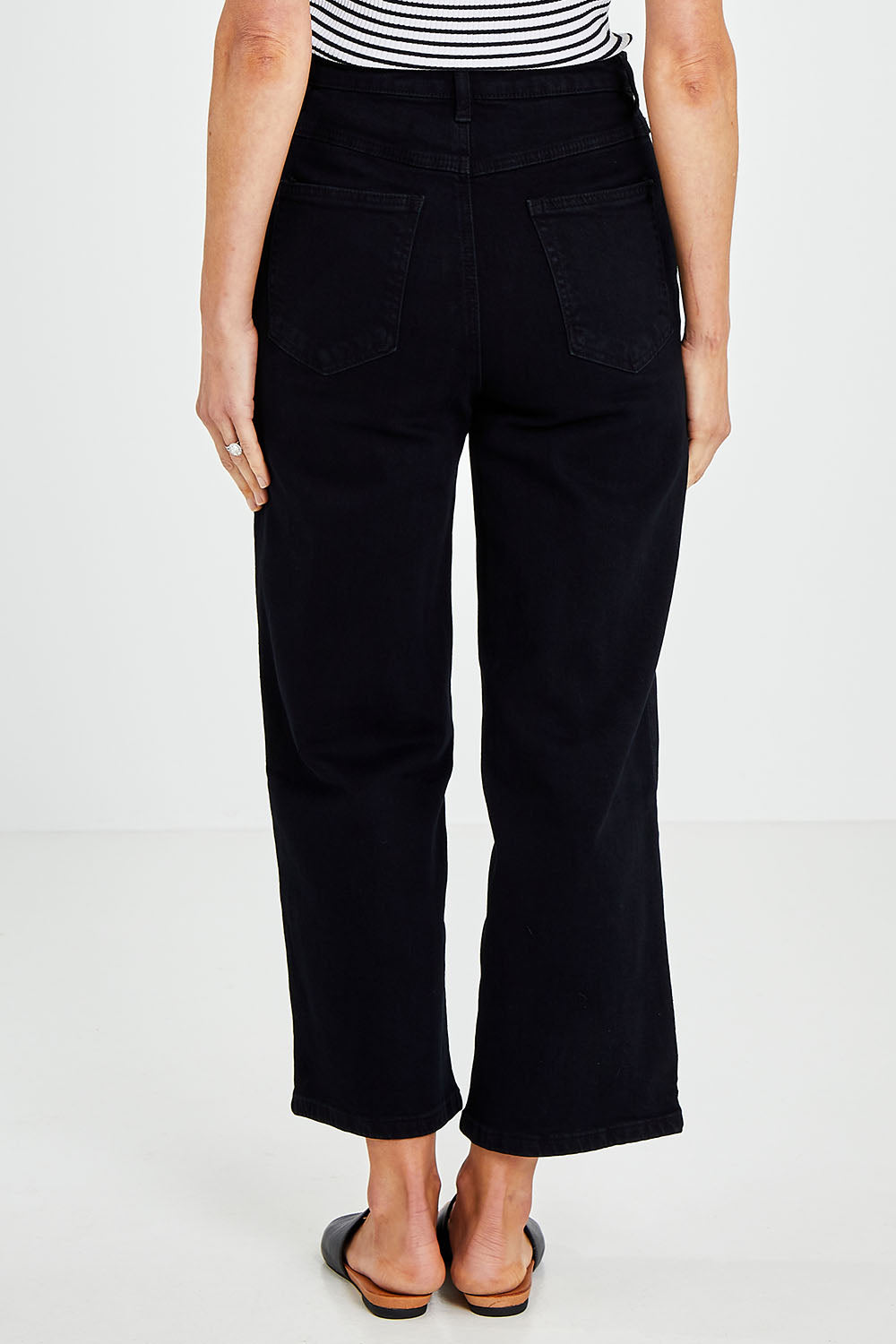 Model Kelly wearing size 10 of the Steph High Rise Wide Leg Jean in colour Black (Black), from the back