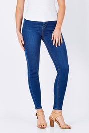 Model Maddy wearing size 10 of the Diana Skinny in colour Denim (Blue), from the front, cropped image