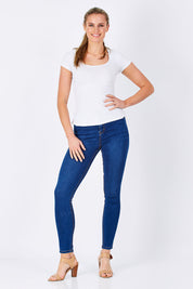 Model Maddy wearing size 10 of the Diana Skinny in colour Denim (Blue), from the front, showing the whole outfit