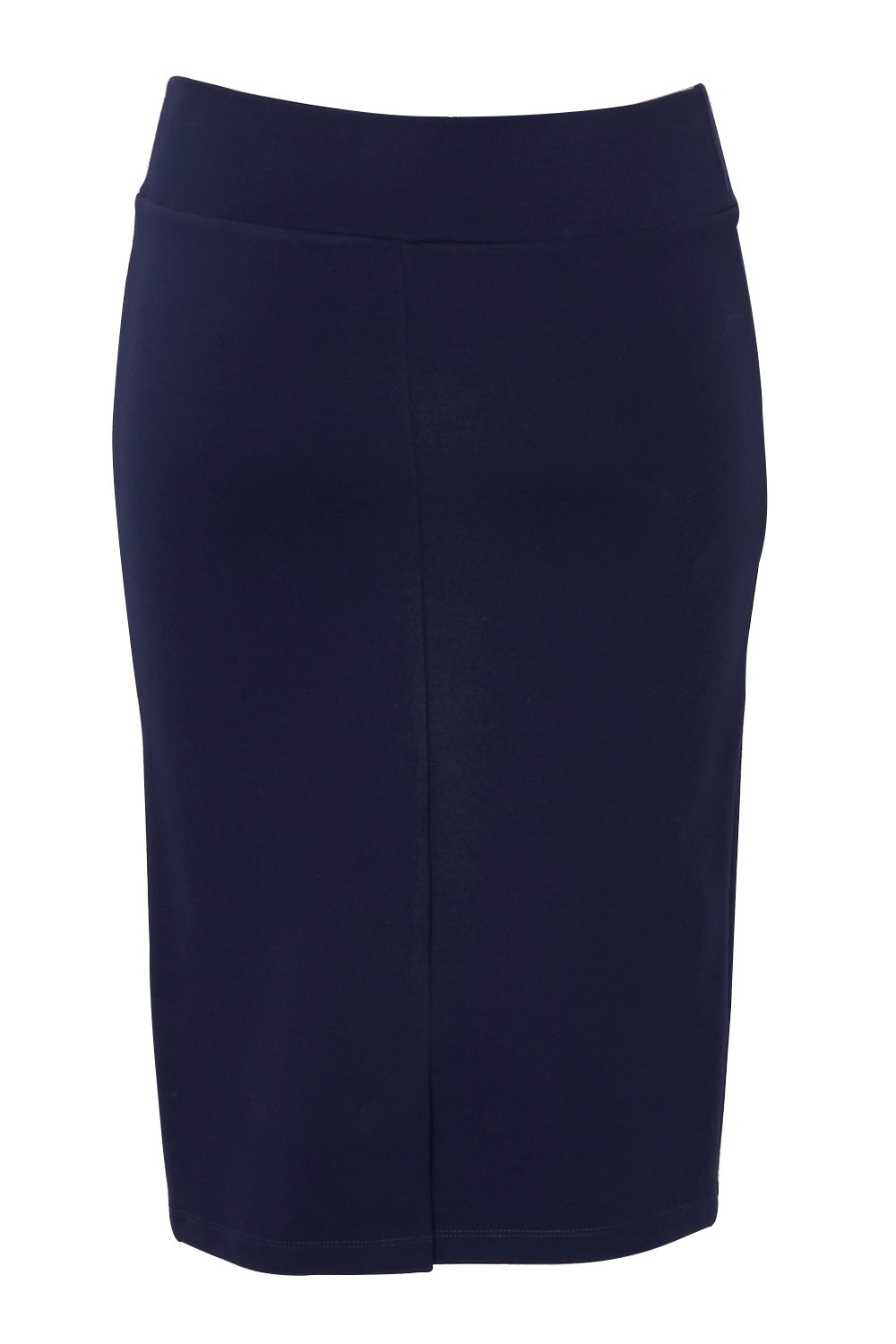 Product shot of the Preloved The Ponte Knee Length Pencil Skirt in colour Navy (Blue), from the back