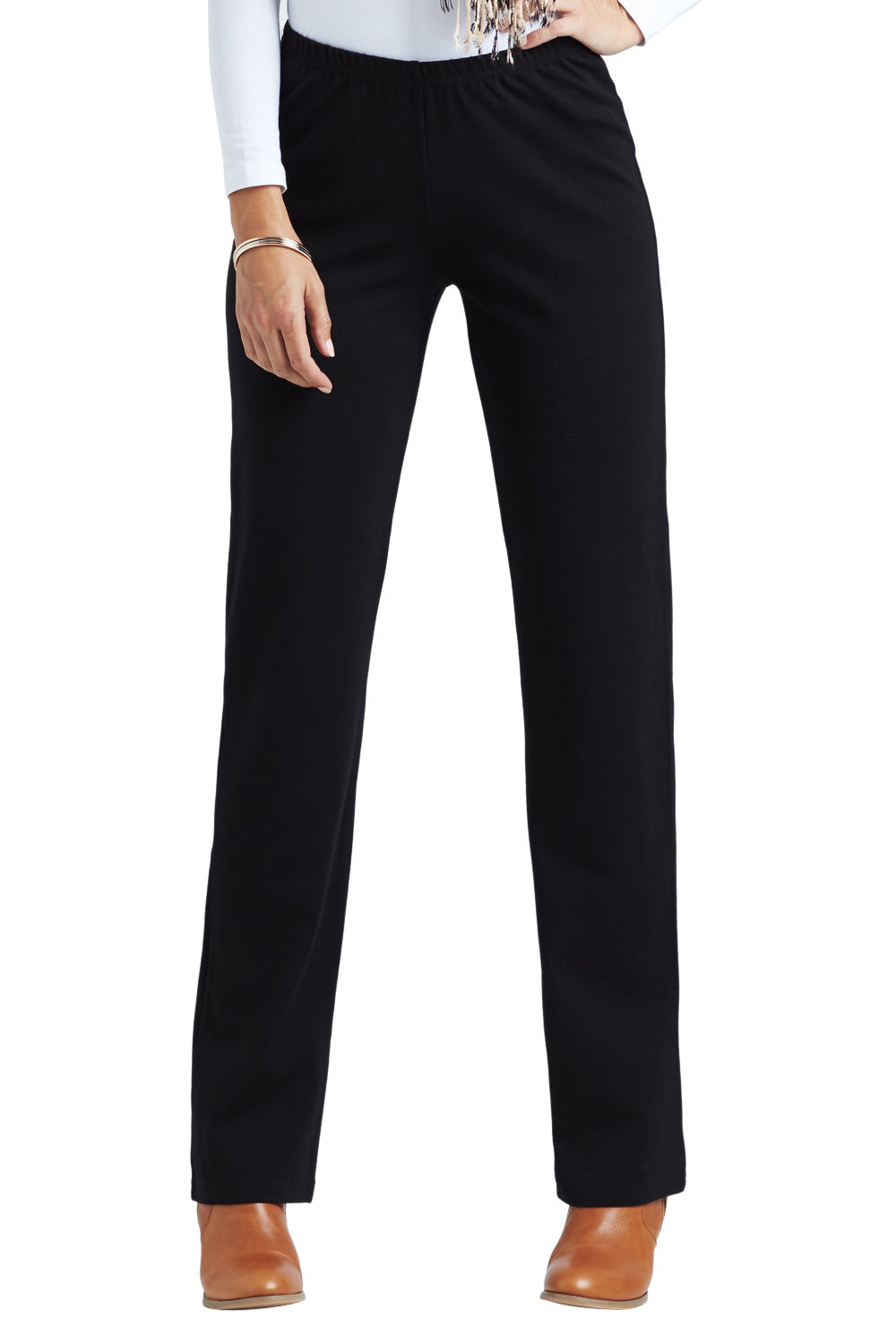 Model Anna wearing size 10 of the Straight Leg Ponte Pant in colour Black (Black), from the front, cropped image