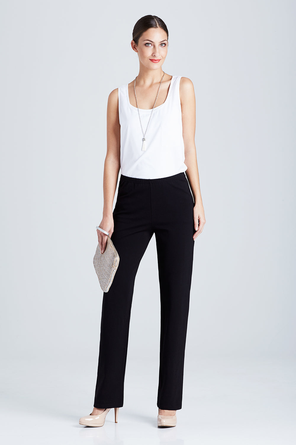 Model Anna wearing size 10 of the Straight Leg Ponte Pant in colour Black (Black), from the front, showing the whole outfit