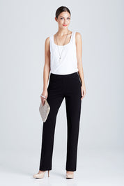 Model Anna wearing size 10 of the Straight Leg Ponte Pant in colour Black (Black), from the front, showing the whole outfit