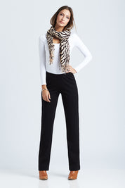 Model Anna wearing size 10 of the Straight Leg Ponte Pant in colour Black (Black), from the front, showing the whole outfit