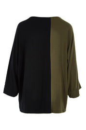 Product shot of the Two Tone Bamboo Oversized Top in colour Blkolive (Black), from the back
