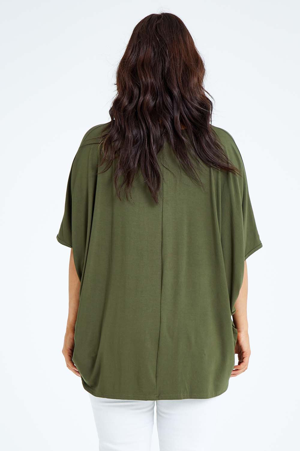 Model Laura wearing size OneSize of the Vin colourNeck Bamboo Drape Top - Olive (Green), from the back