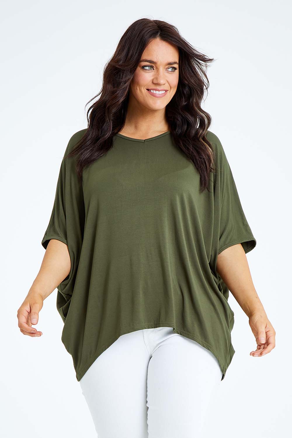 Model Laura wearing size OneSize of the Vin colourNeck Bamboo Drape Top - Olive (Green), from the front, cropped image