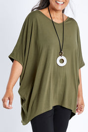 Model Nadine wearing size OneSize of the Vin colourNeck Bamboo Drape Top - Olive (Green), from the front, cropped image