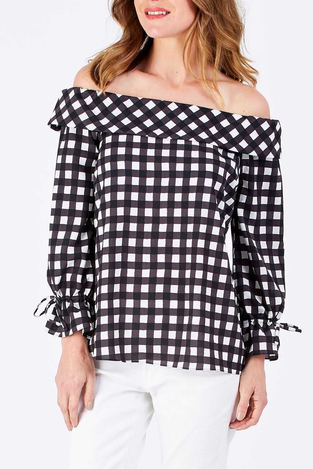 Model Helen wearing size 10 of the Picnic Top in colour BlackWhite (Black), from the front, cropped image
