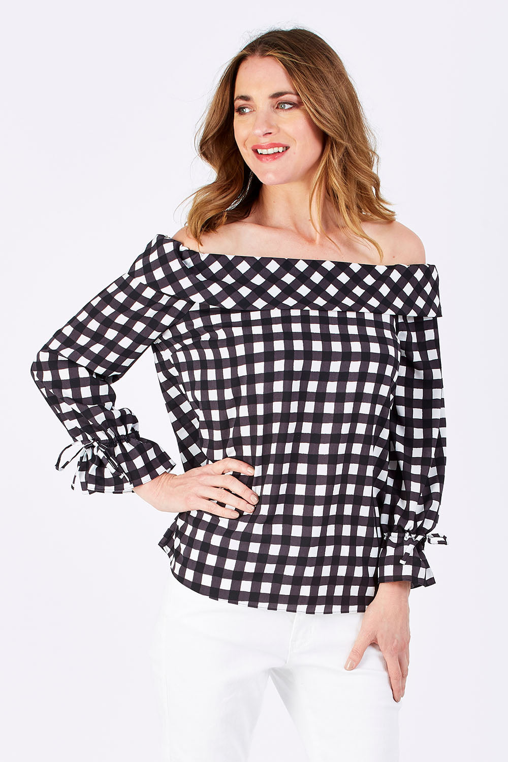 Model Helen wearing size 10 of the Picnic Top in colour BlackWhite (Black), from the front, cropped image