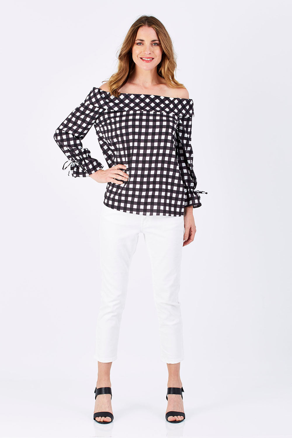Model Helen wearing size 10 of the Picnic Top in colour BlackWhite (Black), from the front, showing the whole outfit