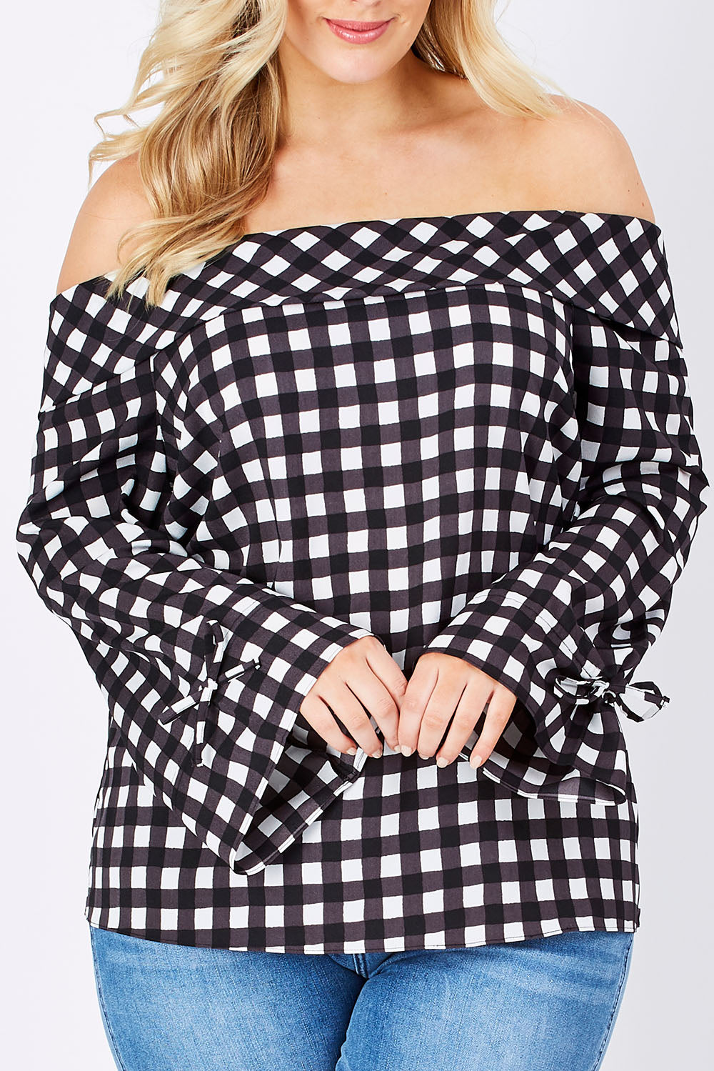 Model Jess wearing size 14 of the Picnic Top in colour BlackWhite (Black), from the front, showing the whole outfit