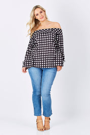 Model Jess wearing size 14 of the Picnic Top in colour BlackWhite (Black), from the front, showing the whole outfit