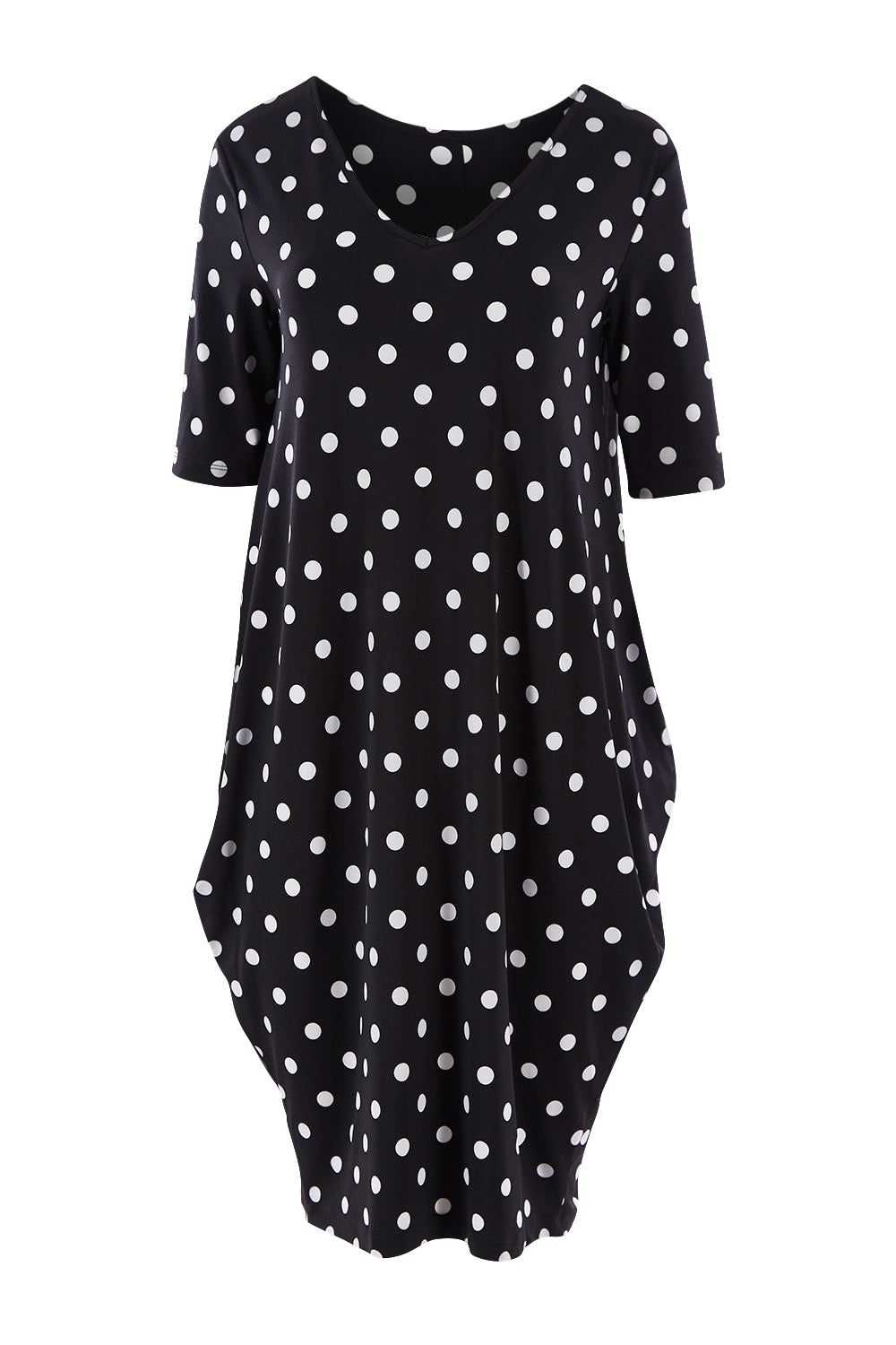 Product shot of the Preloved Flowing V Neck Dress in colour Blkspot (Black), from the front