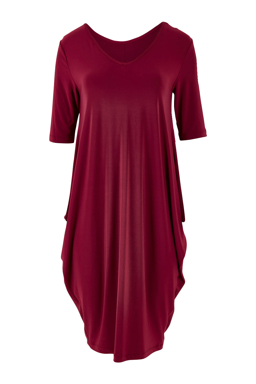 Product shot of the Preloved Flowing V Neck Dress in colour Purple (Purple), from the front