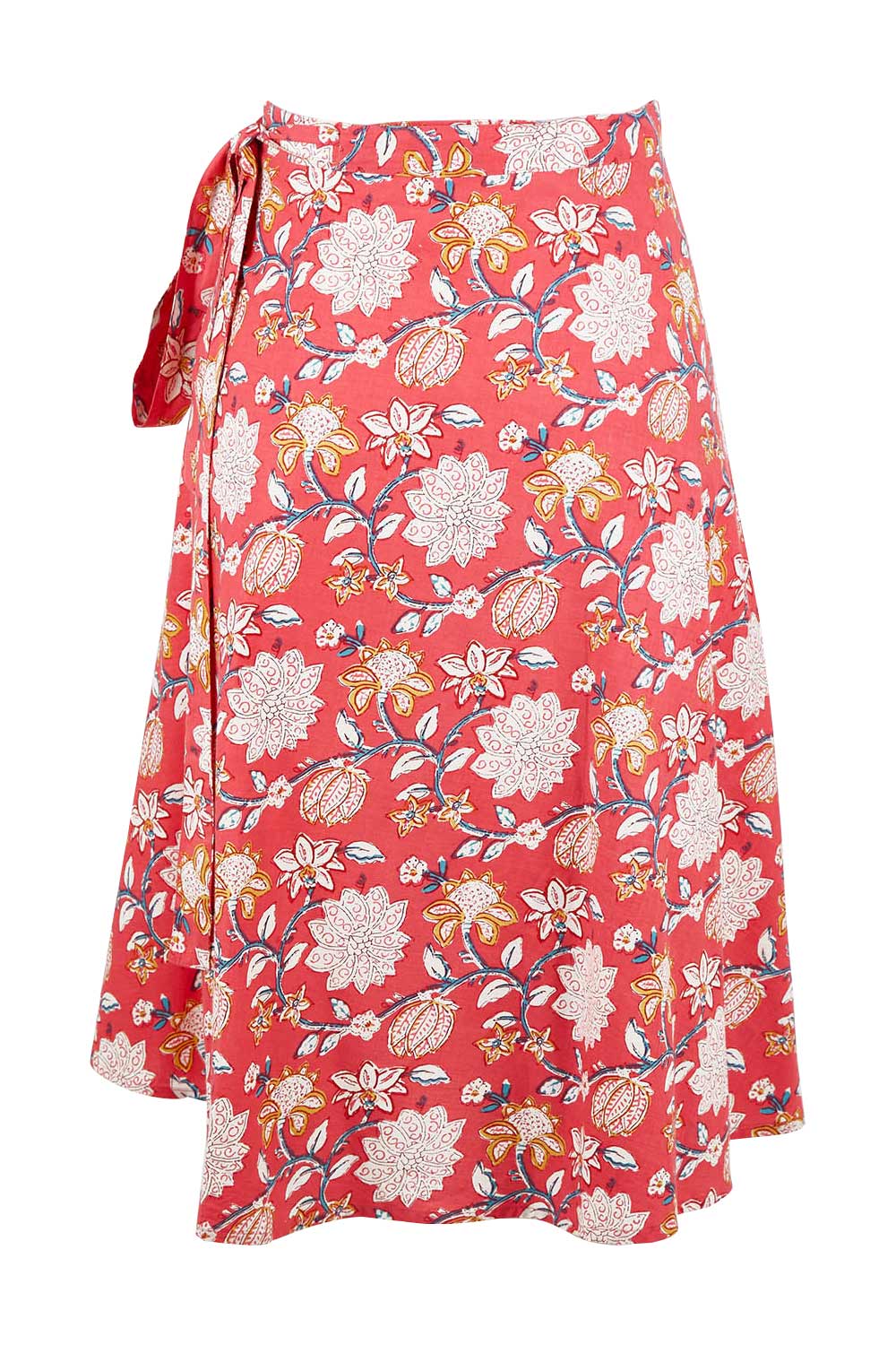 Product shot of the Beth Wrap Skirt in colour Asterprint (Pink), from the back