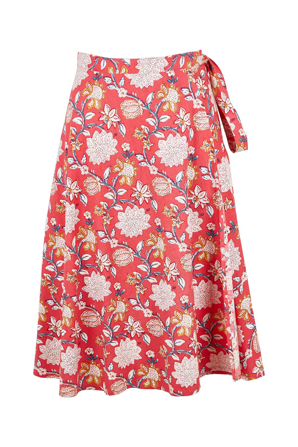Product shot of the Beth Wrap Skirt in colour Asterprint (Pink), from the front