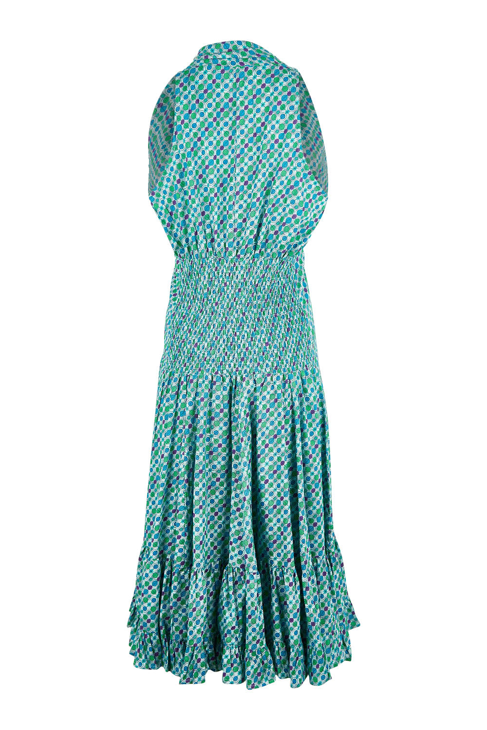 Product shot of the Polly Dress in colour Emmaprint (Blue), from the back
