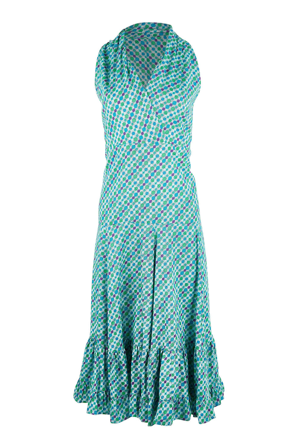 Product shot of the Polly Dress in colour Emmaprint (Blue), from the front