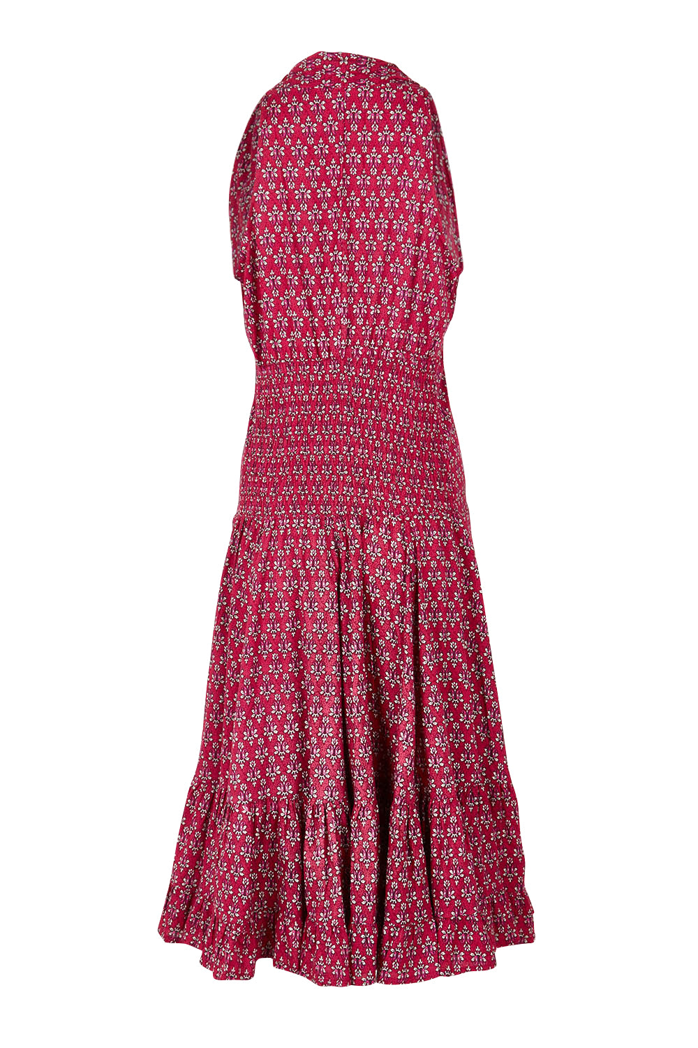 Product shot of the Polly Tiered Dress in colour Corfu (Red), from the back
