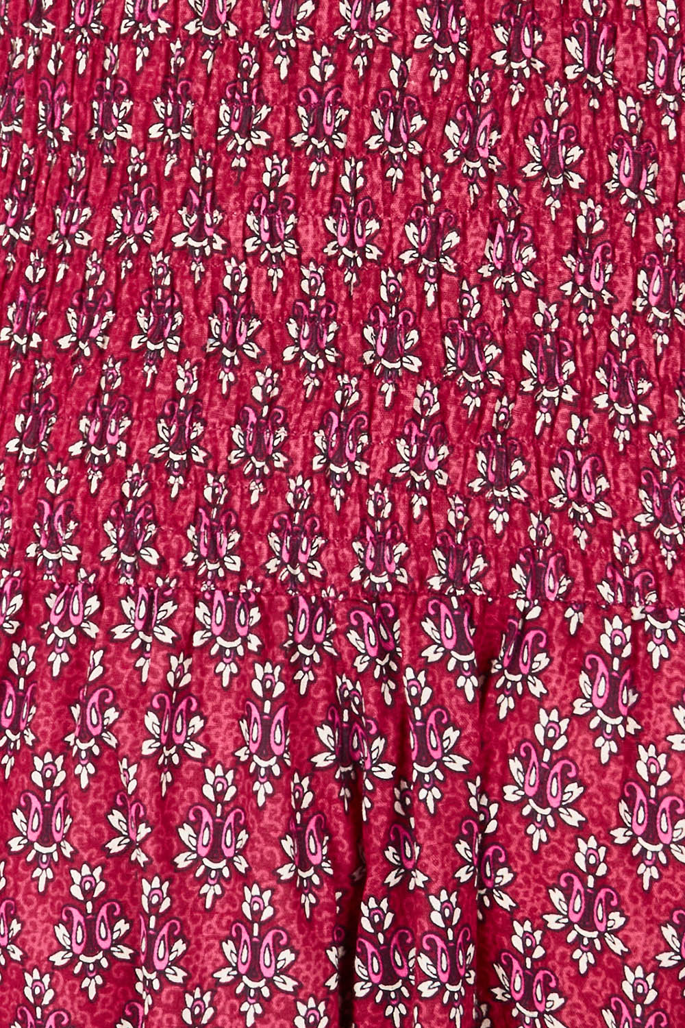 Product shot of the Polly Tiered Dress in colour Corfu (Red), detail