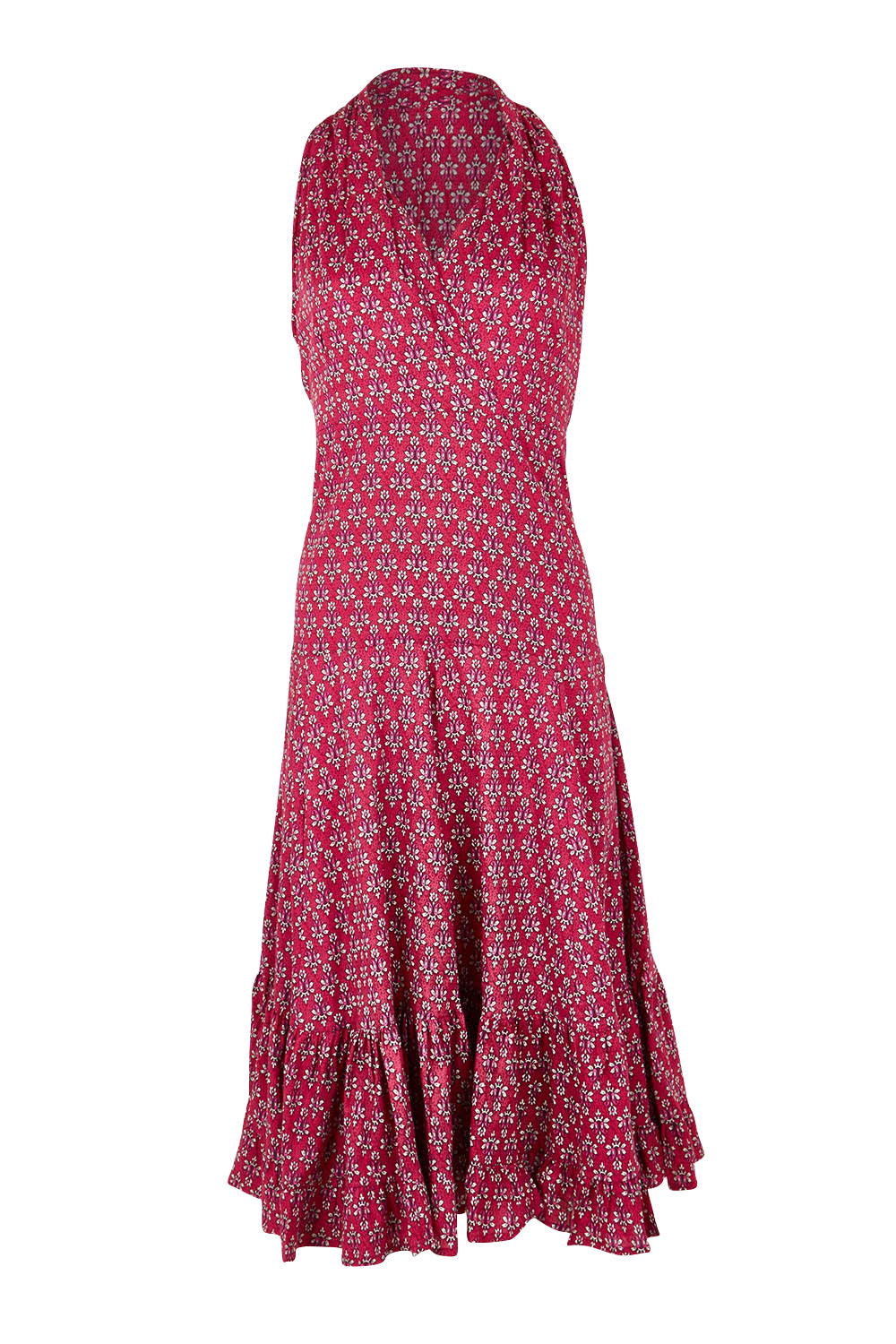 Product shot of the Polly Tiered Dress in colour Corfu (Red), from the front