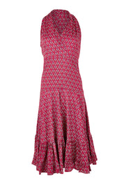 Product shot of the Polly Tiered Dress in colour Corfu (Red), from the front