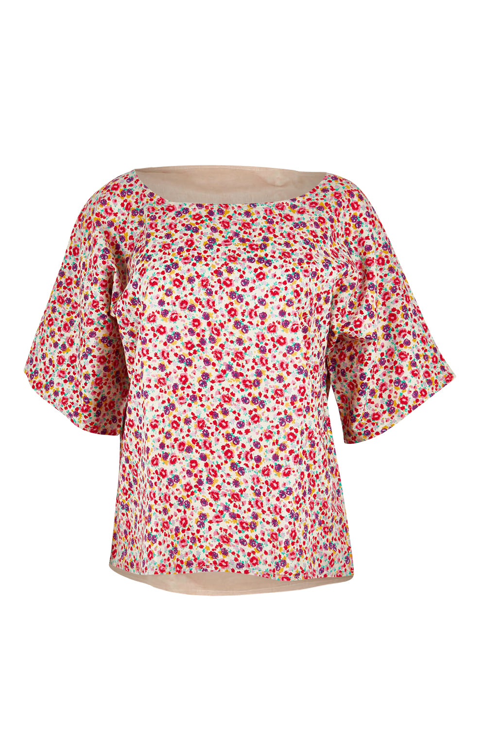 Product shot of the Ruth Reversible Top in colour Ditsybeige (Pink), from the front