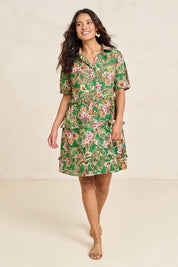 Model Tahnee wearing size S of the Jade Cotton Dress in colour Cairns, from the front, showing the whole outfit