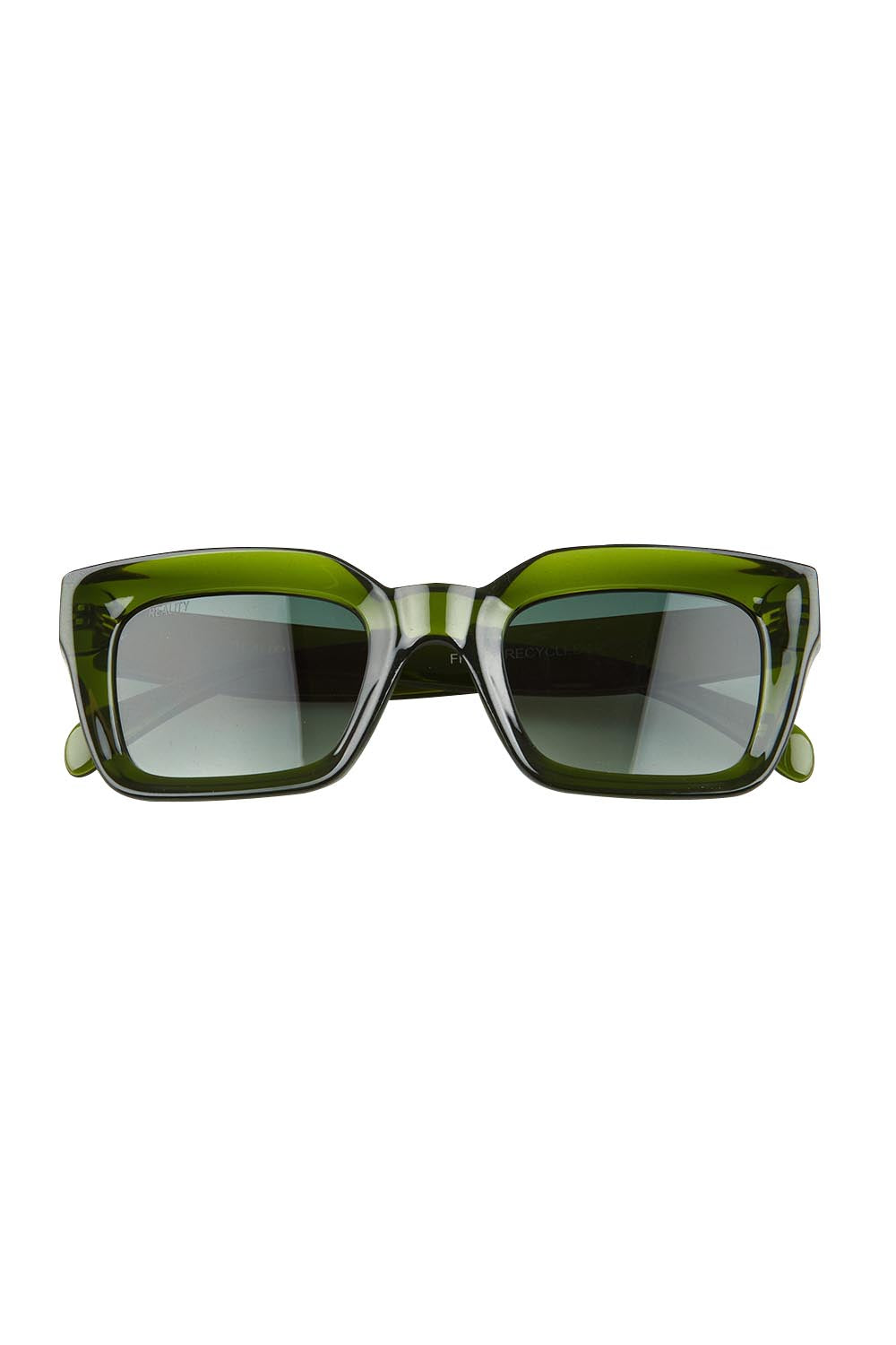Product shot of the Onassis Polarized Square Sunglasses in colour Mossgreen (Green), from the front