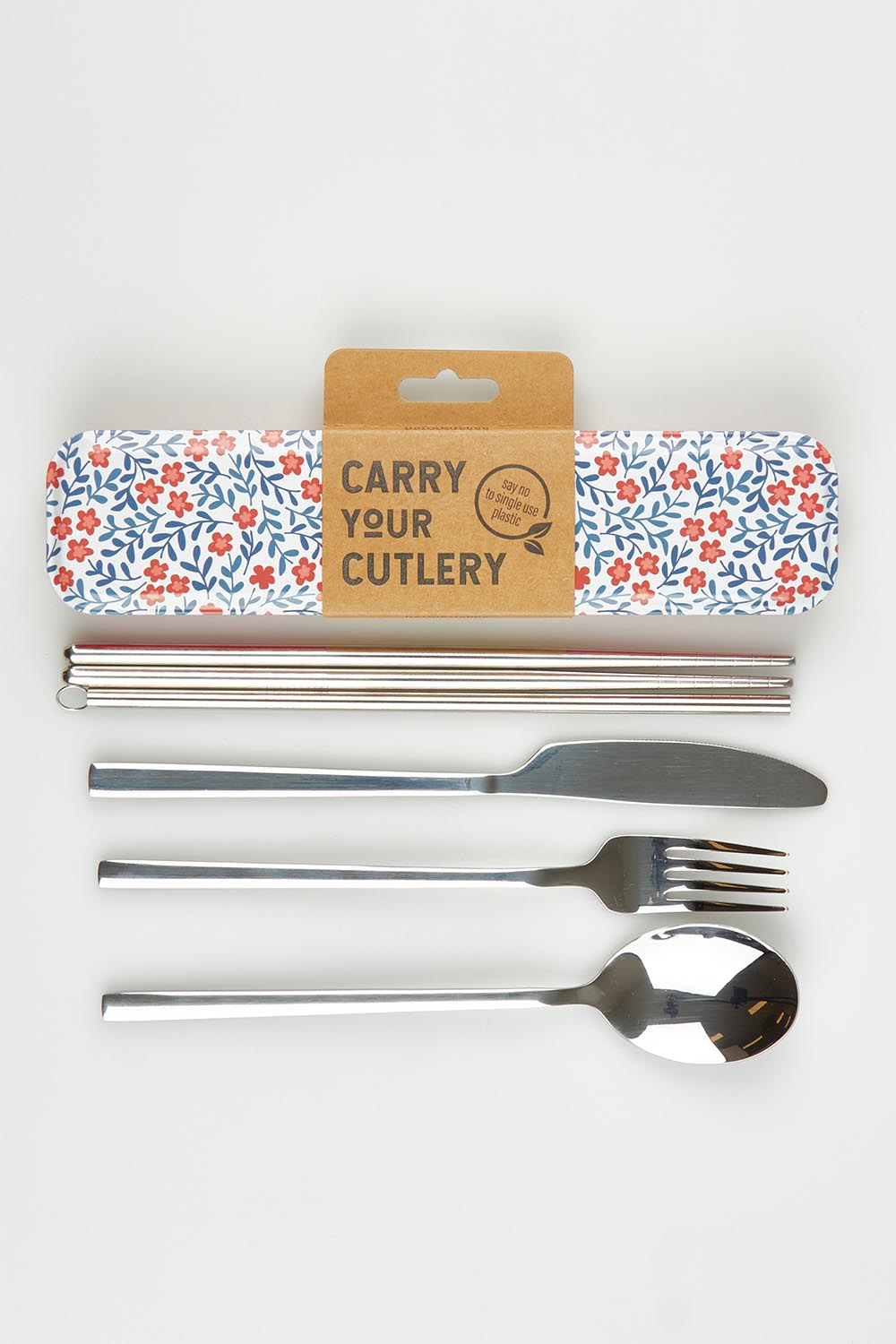A model wearing size OneSize of the Carry Your  Stainless Steel Cutlery Set in colour Blossom (Pink), from the front, showing the whole outfit