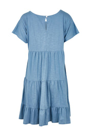 Product shot of the Audrey Layered Dress in colour Denim (Blue), from the back