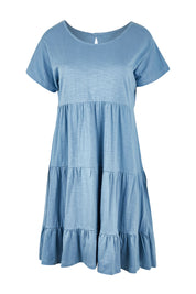 Product shot of the Audrey Layered Dress in colour Denim (Blue), from the front