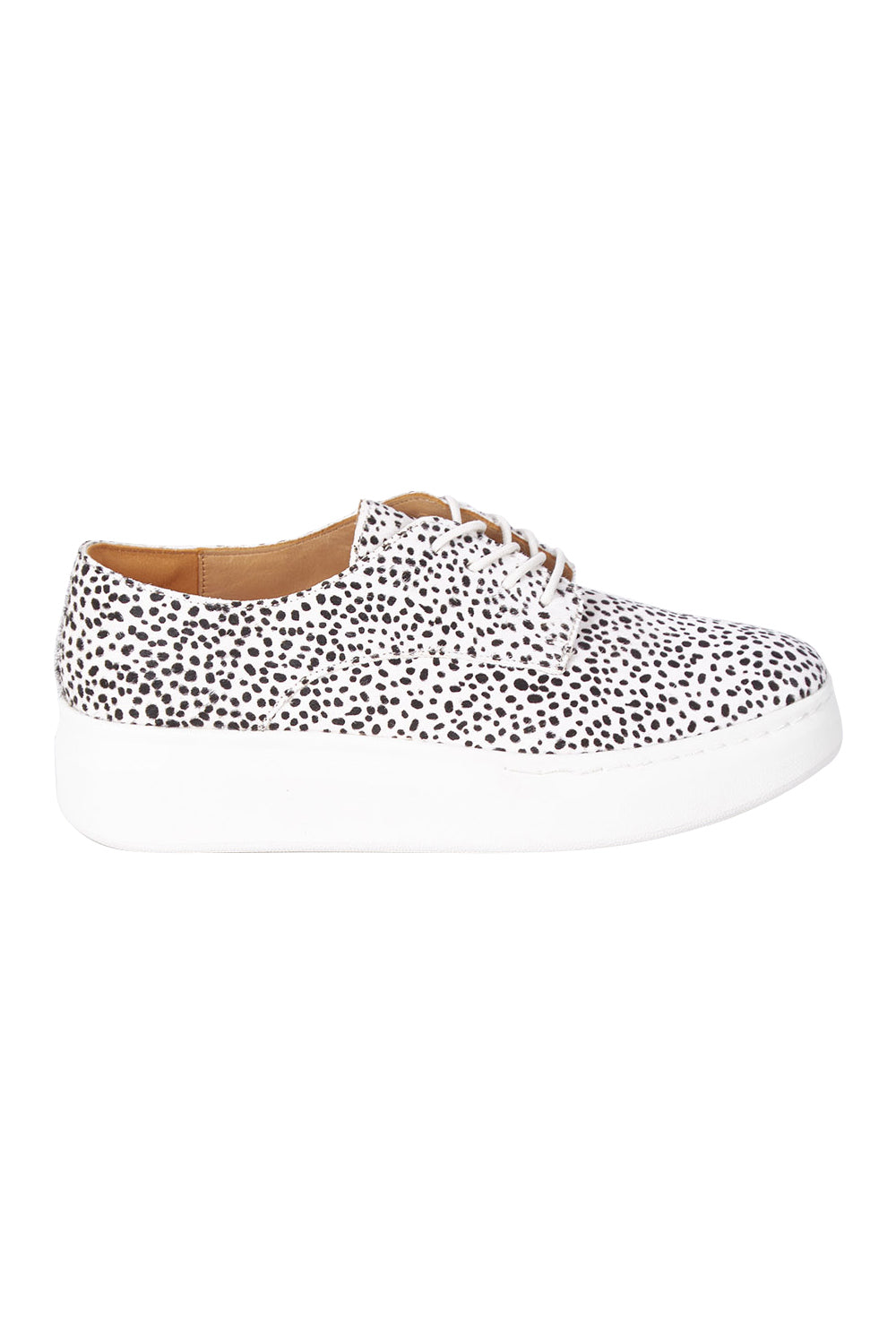 Product shot of the Derby City Leather Flatform in colour Snowleopar (White), from the front