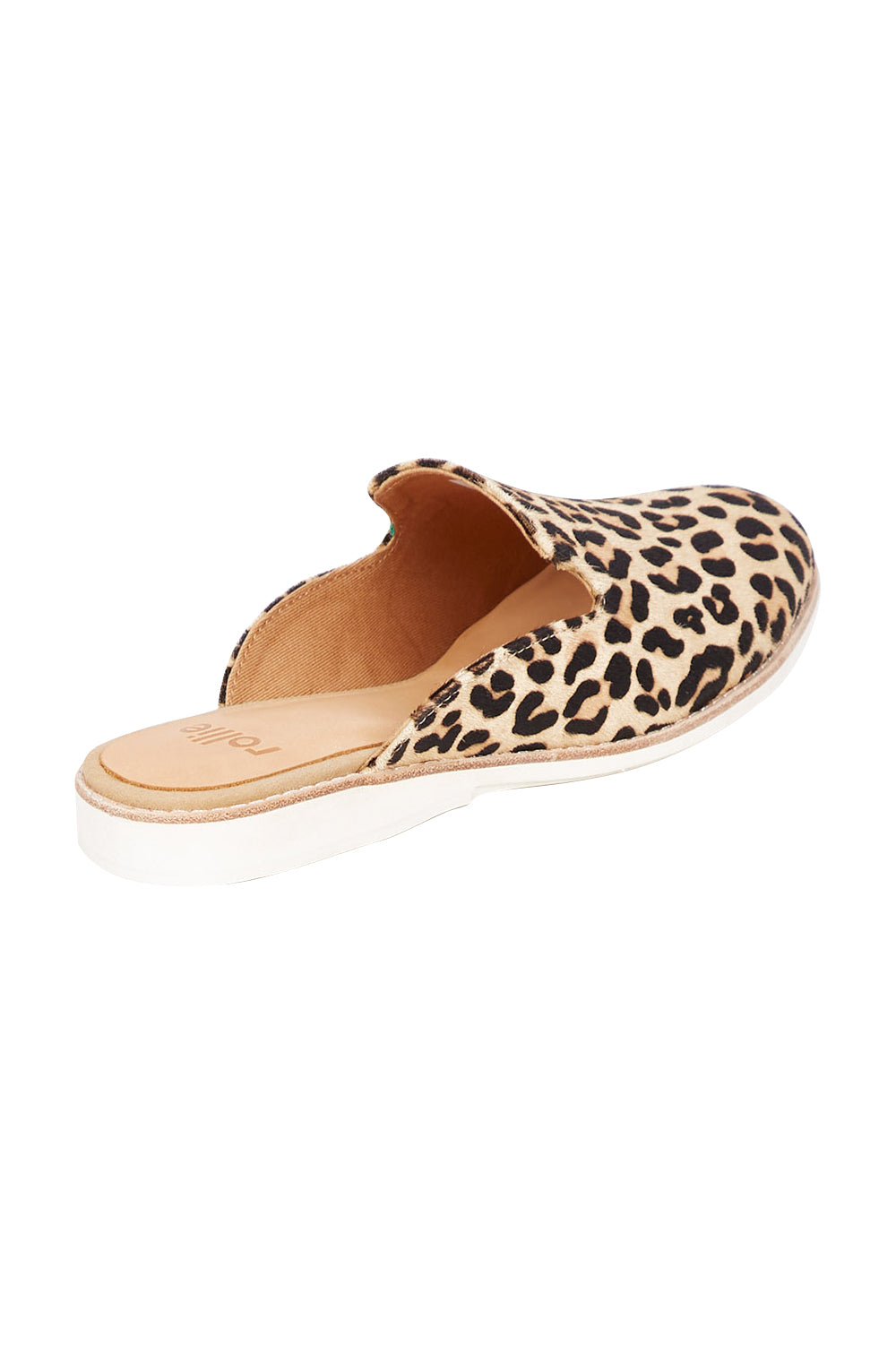 Product shot of the Derby Mule Flat in colour Camelleo, from the back