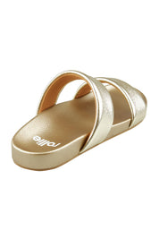 Product shot of the Tide Leather Double Strap Slide in colour Softgold (Metallics), from the back