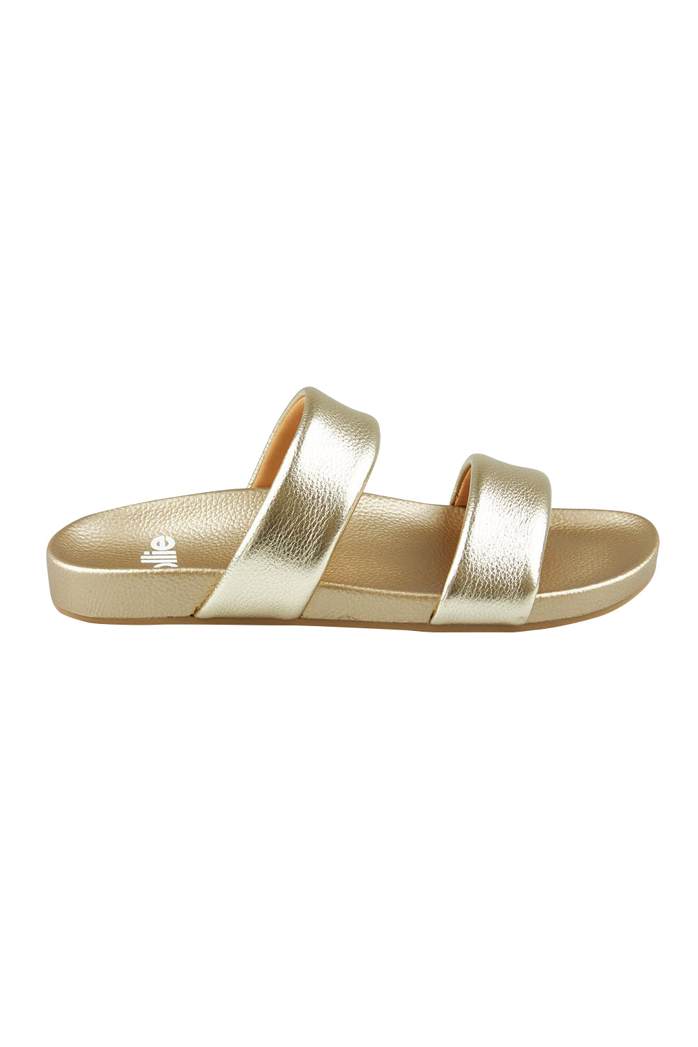 Product shot of the Tide Leather Double Strap Slide in colour Softgold (Metallics), from the front