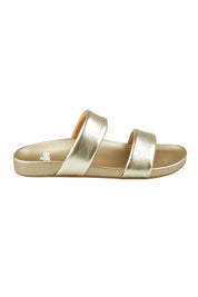 Product shot of the Tide Leather Double Strap Slide in colour Softgold (Metallics), from the front