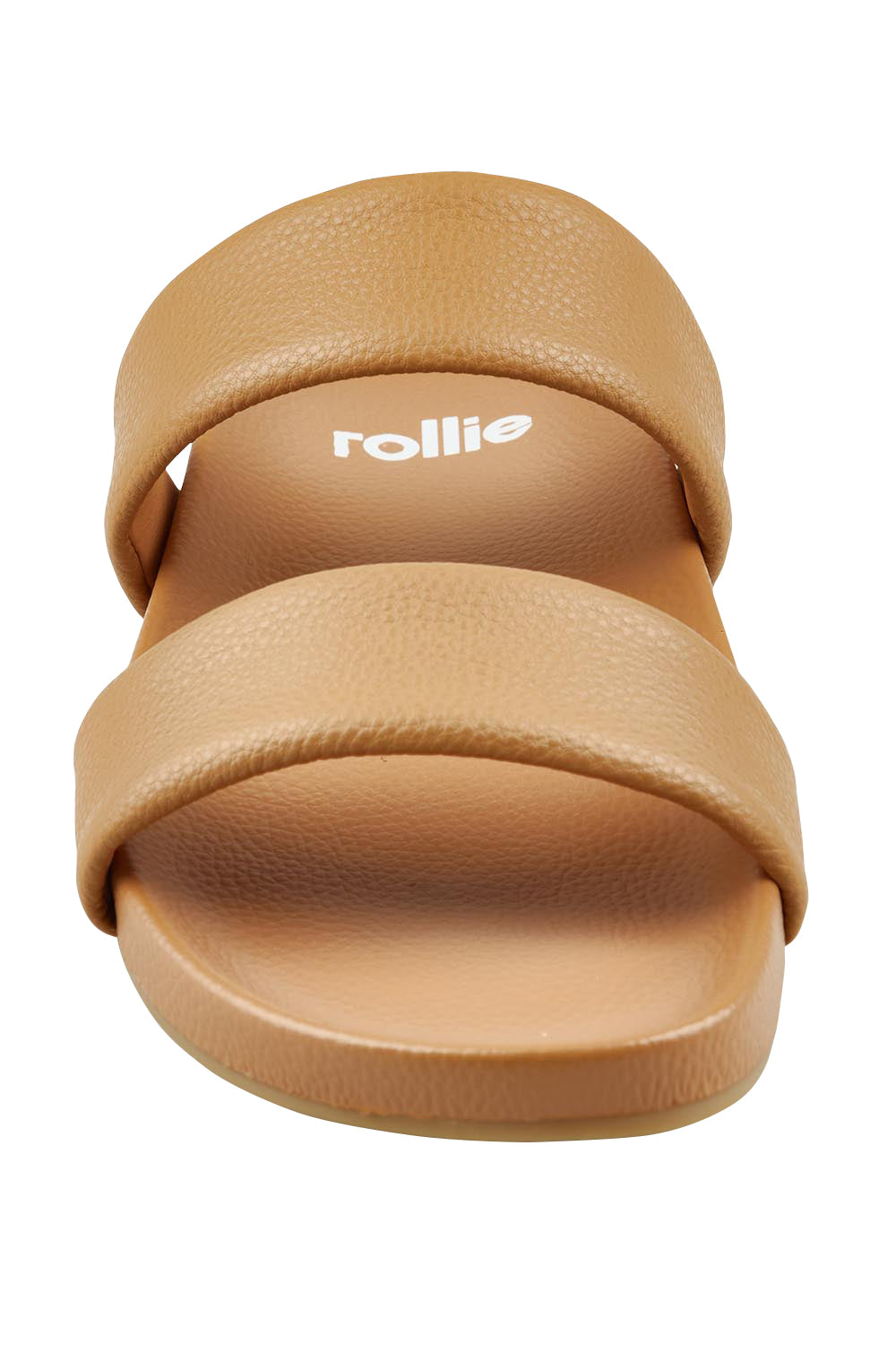 Product shot of the Tide Leather Double Strap Slide in colour Softtan, detail