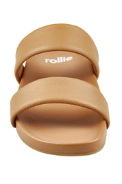 Product shot of the Tide Leather Double Strap Slide in colour Softtan, detail