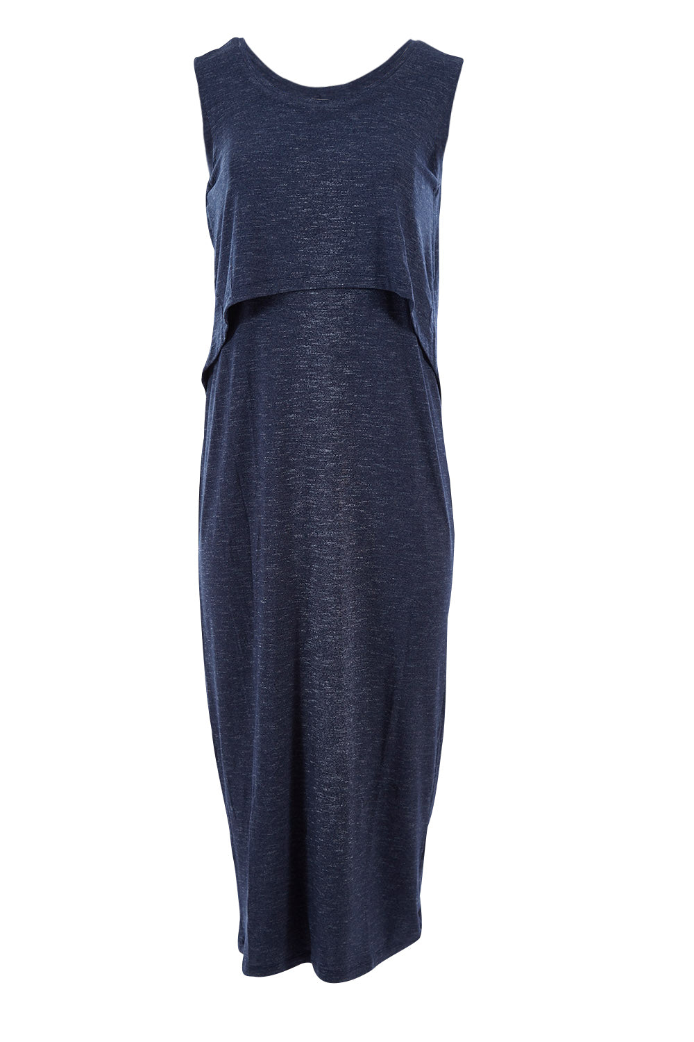 Product shot of the Swing Back Nursing Maternity Maxi Dress in colour Denim (Blue), from the front