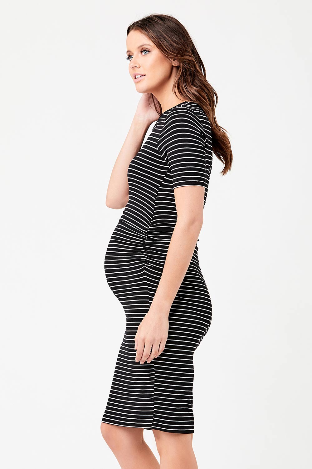 A model wearing the Mia Short Sleeve Nursing Maternity Dress in colour Blackflint (Black), from the front, cropped image