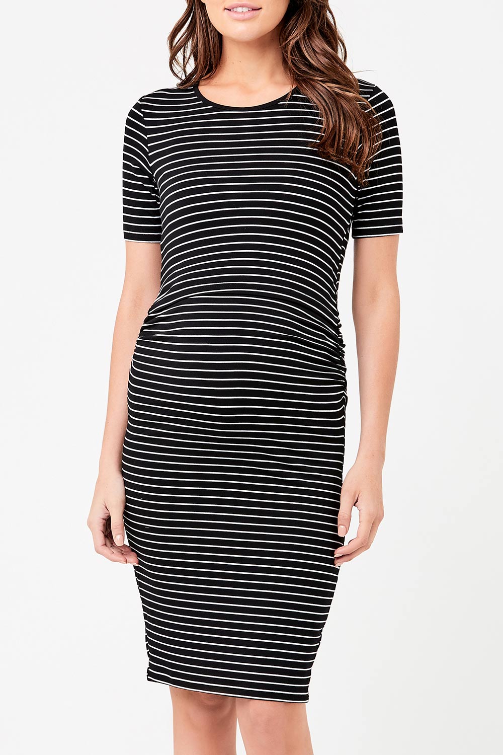 A model wearing the Mia Short Sleeve Nursing Maternity Dress in colour Blackflint (Black), from the front, cropped image