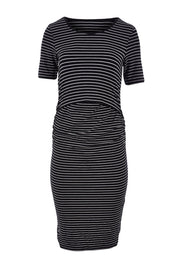 Product shot of the Mia Short Sleeve Nursing Maternity Dress in colour Blackflint (Black), from the front