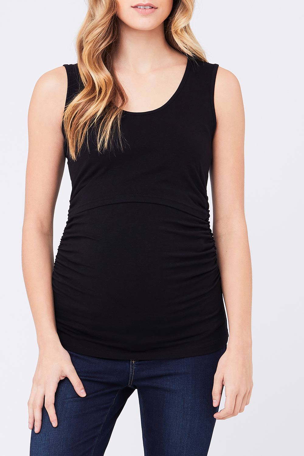 A model wearing the Ali Up Down Nursing Maternity Tank in colour Black (Black), from the front, cropped image