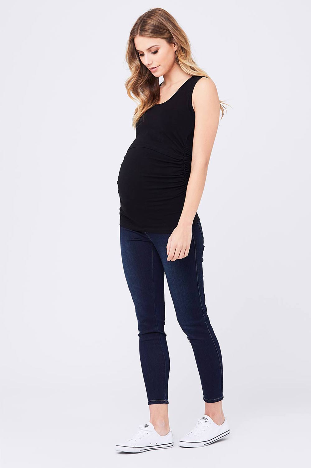 A model wearing the Ali Up Down Nursing Maternity Tank in colour Black (Black), from the front, showing the whole outfit