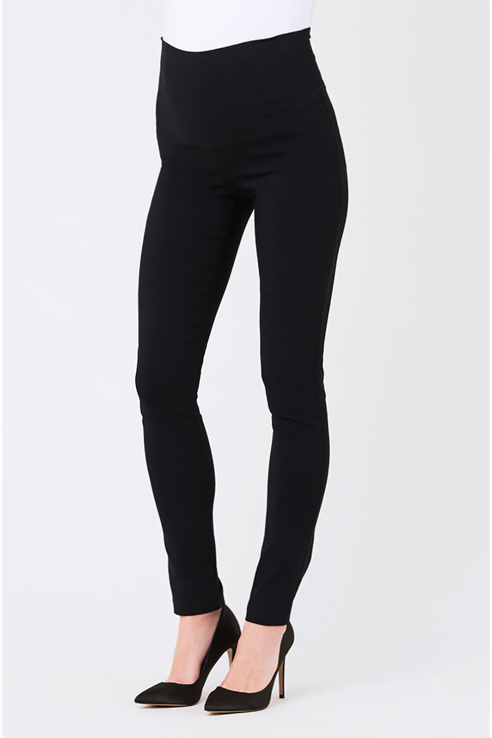 A model wearing the Suzie Maternity Super Straight Pant in colour Black (Black), from the front, cropped image