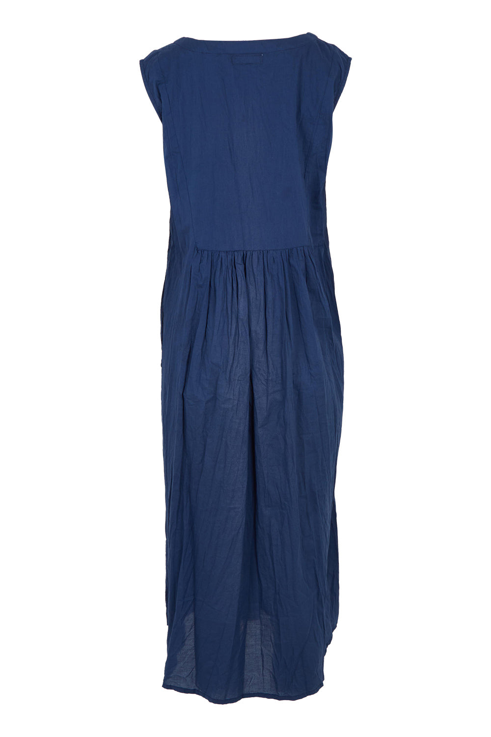 Product shot of the Andaman Cotton Midi Dress in colour Navy (Blue), from the back