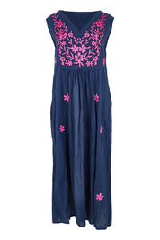 Product shot of the Andaman Cotton Midi Dress in colour Navy (Blue), from the front